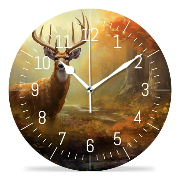 14 Inch Wall Clock Battery Operated Silent Clock Decorative for Office, Kitchen, Outdoor, Living Room，American Flag Deer Forest Design