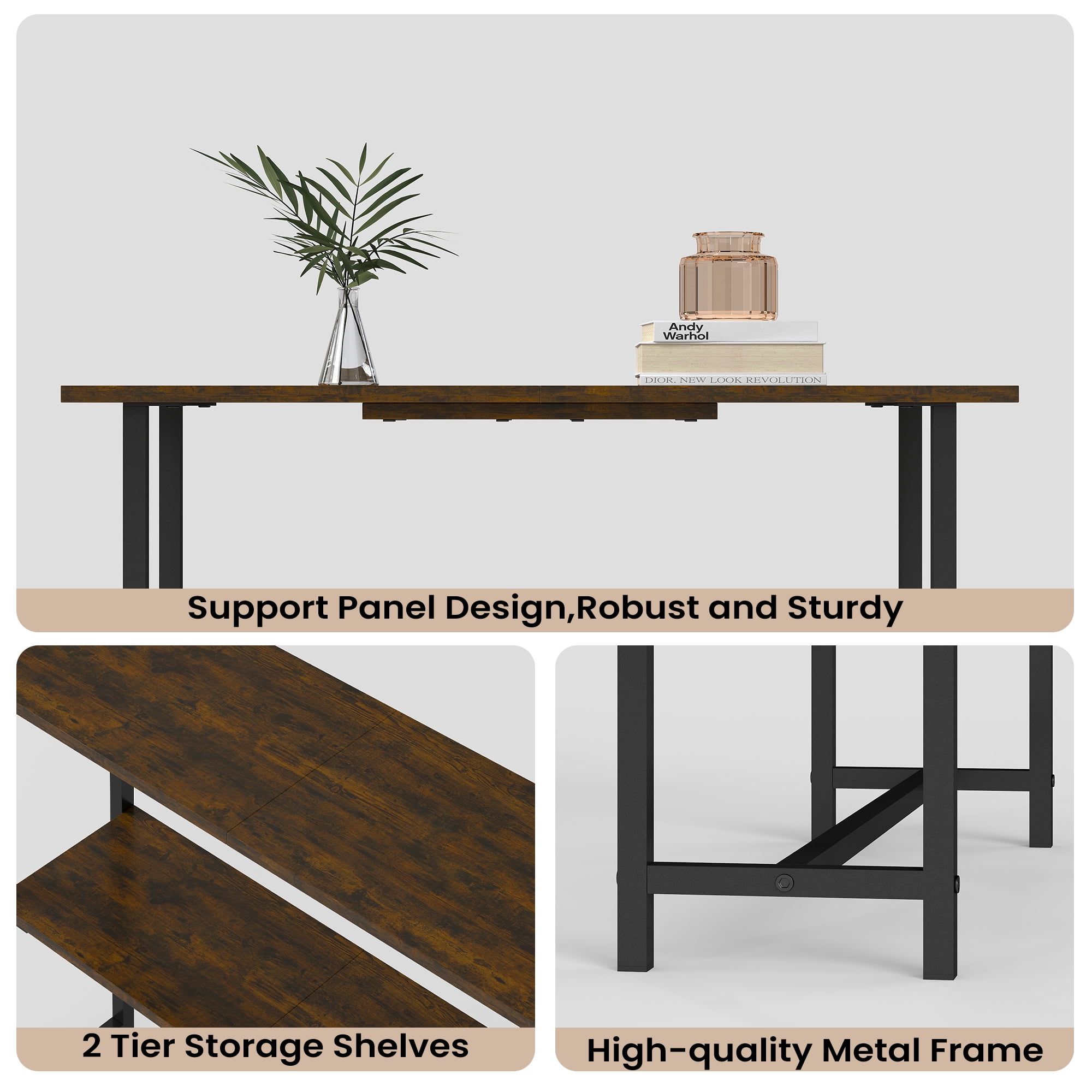 Manxile Industrial Narrow Console Table, 2 Tier Storage Shelves Wooden Sofa Side Table, Rustic Brown