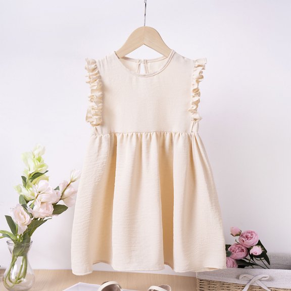 Cute Dresses for Toddlers Girls Ruffle Sleeveless 2-8 Years Kids Lightweight Solid Color Crew Neck A-Line Peplum Mini Dress