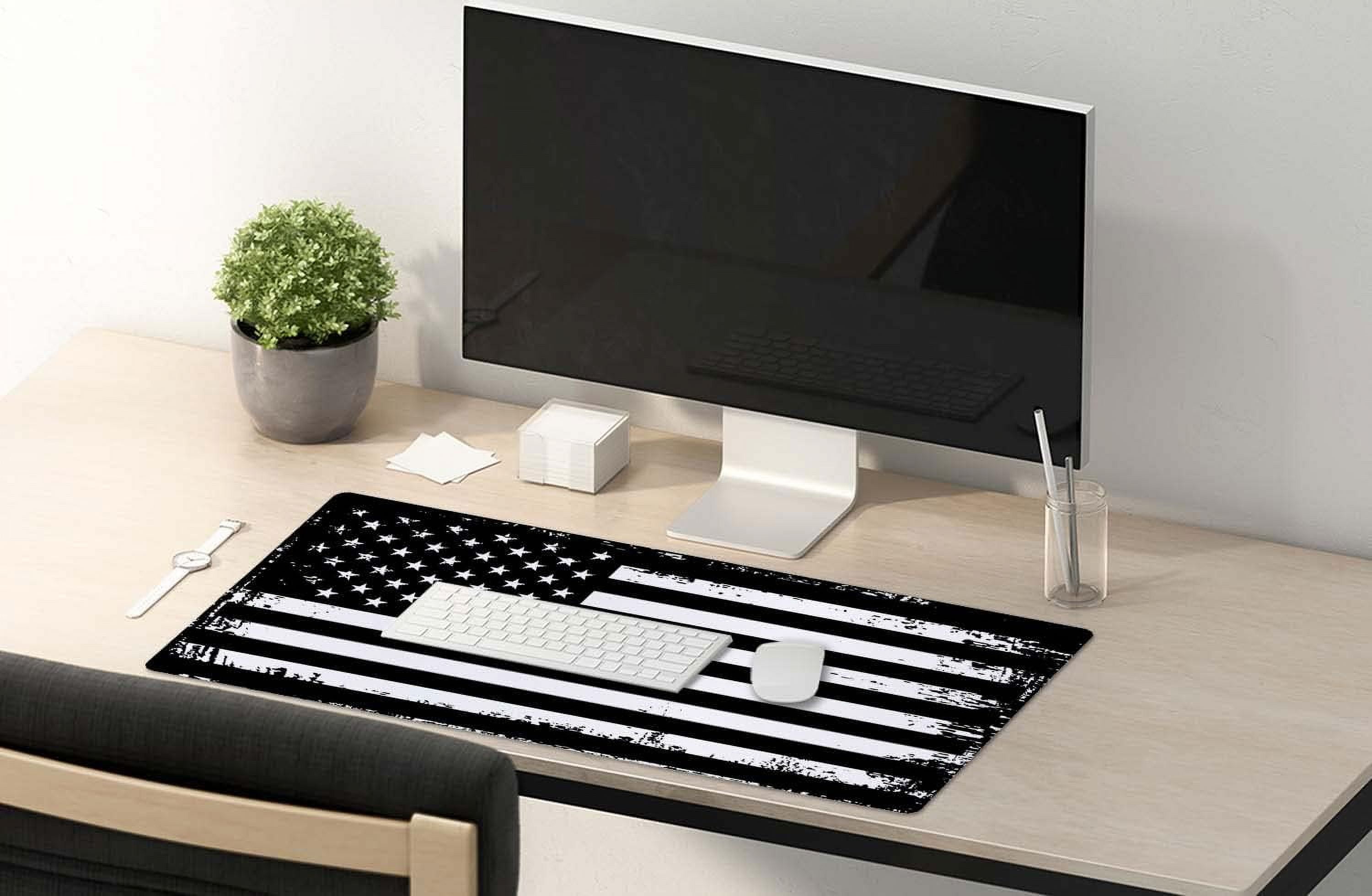 Desk Mat, Extended Gaming Mouse Pad (35.5x15.7 in), Large Non-Slip Rubber Base Mousepad with Stitched Edges, Waterproof Keyboard Mouse Mat Desk Pad - Grunge American Flag USA Flag Black White