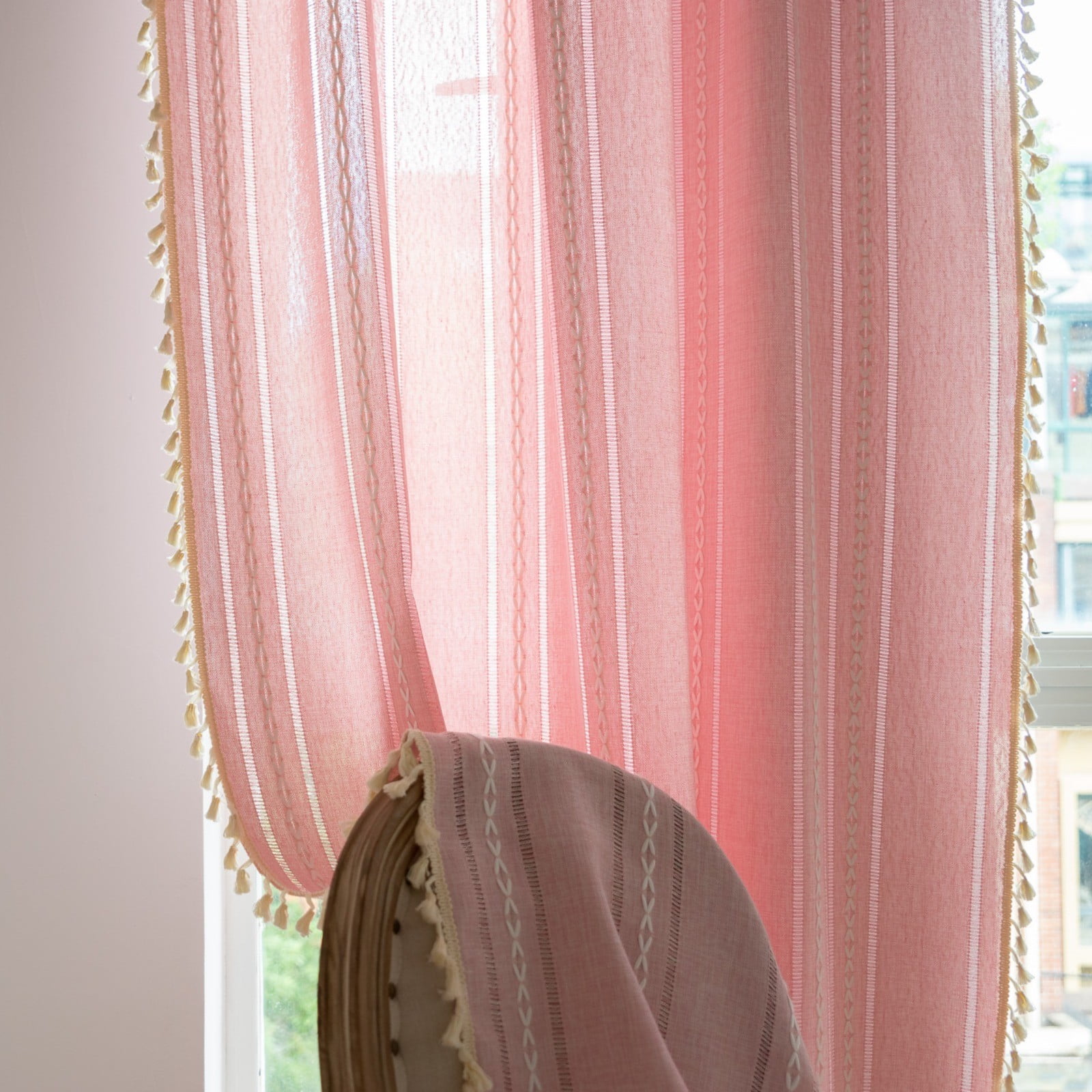 Curtain,Home Champagne Boho Curtains For Bedroom Semi Linen Farmhouse Shabby Chic Tassels Window Embroidery Drape For House Decor Rod Pocket 1 Panel