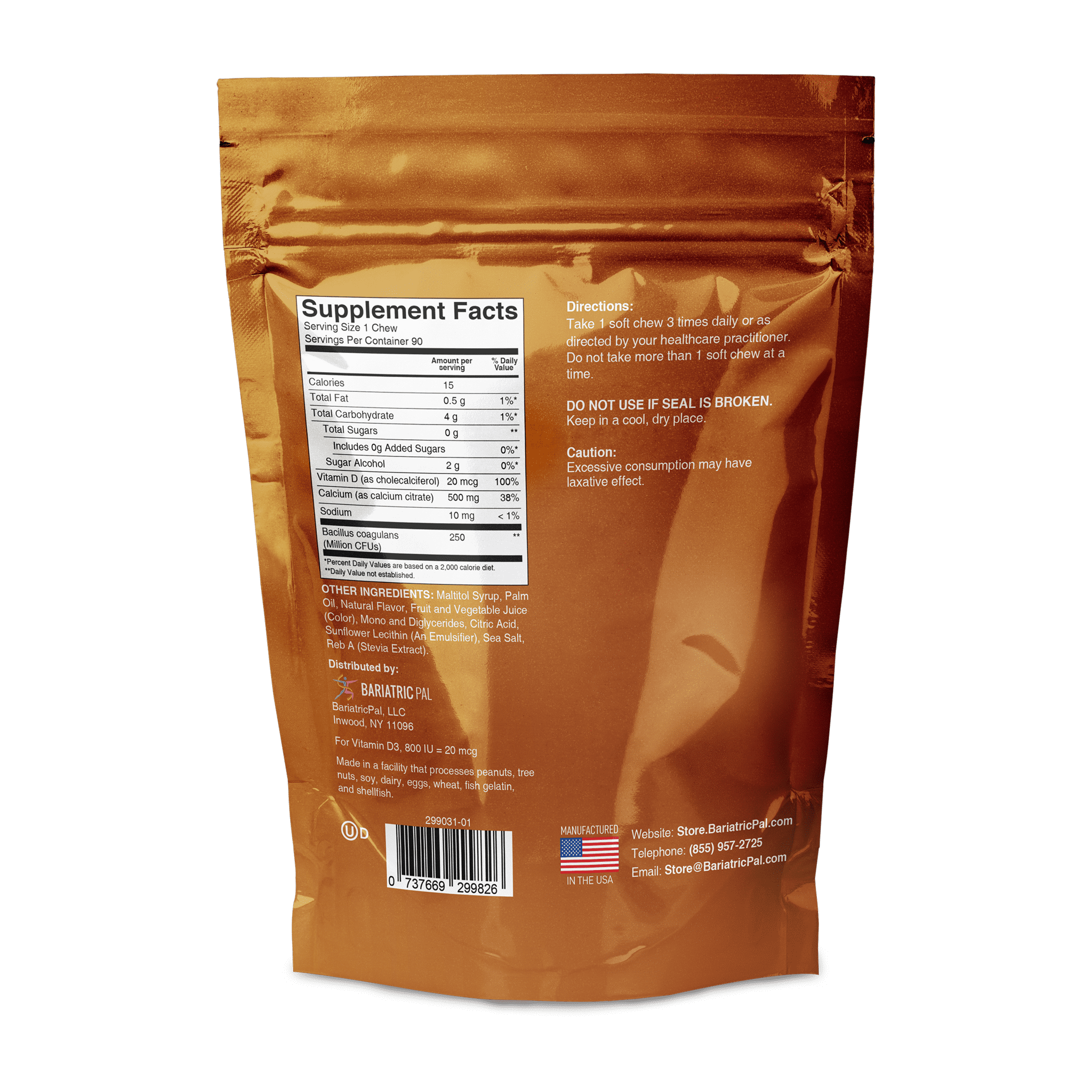 BariatricPal Sugar-Free Calcium Citrate Soft Chews 500mg with Probiotics - Piña Colada Size: 90ct