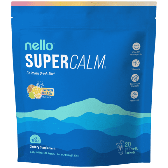 Nello Supercalm Drink Mix - Ashwagandha KSM 66, Magnesium Glycinate & L-Theanine Supplement - Ashwagandha Root Extract - Focus and Relaxation Support (20 Travel Packets) - Passion Colada