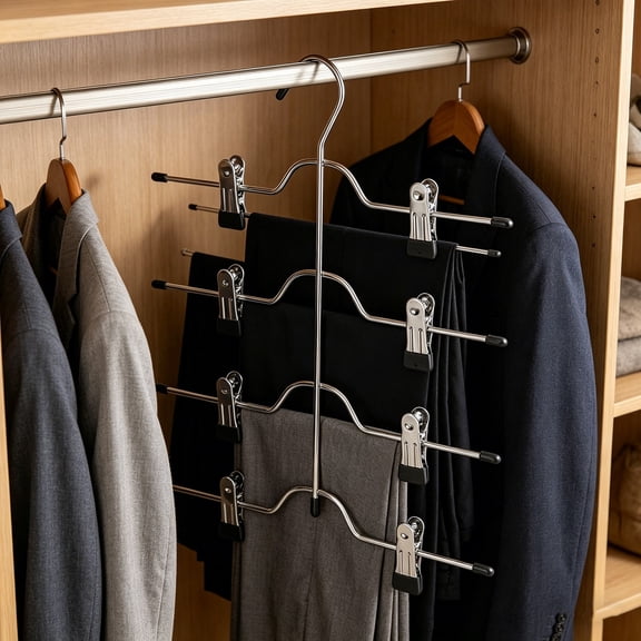 Konghyp 4 Tier Metal Skirt Hangers, Space Saving Pants Hanger, Adjustable Clips, Multi-Hanger for Skirts, Jeans, Trousers, Versatile Wardrobe Organizer, Foldable Clothing Storage