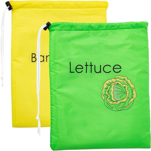 Banana Bag with Drawstring, 2 Pack, Yellow Green, 14x11in Reusable Foil Lining Fridge Fruit Fresh