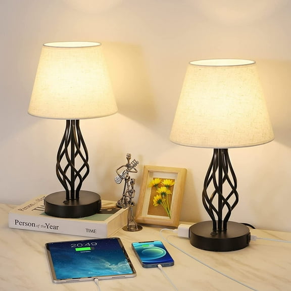Set of 2 Modern Nightstand Desk Lamp w/Spiral Cage,USB Charging Ports, AC Outlet