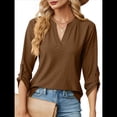 thumbnail image 1 of Blusas Elegantes e Informales para Mujer, Camisetas de 3/4 con Cuello en V y Mangas Enrollables. Color Café L, 1 of 10