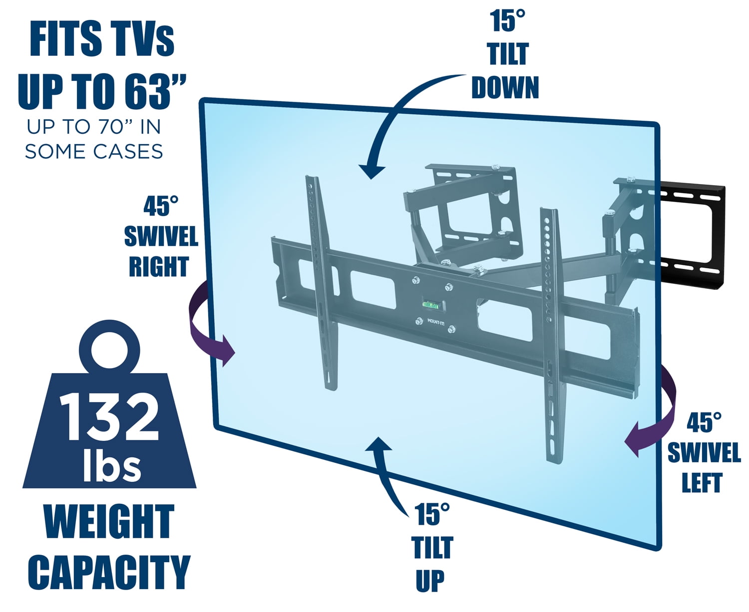 Mount-It! Full Motion Corner or Flat Wall TV Mount, Fits 37" -63" TV's, Capacity 132 lbs.