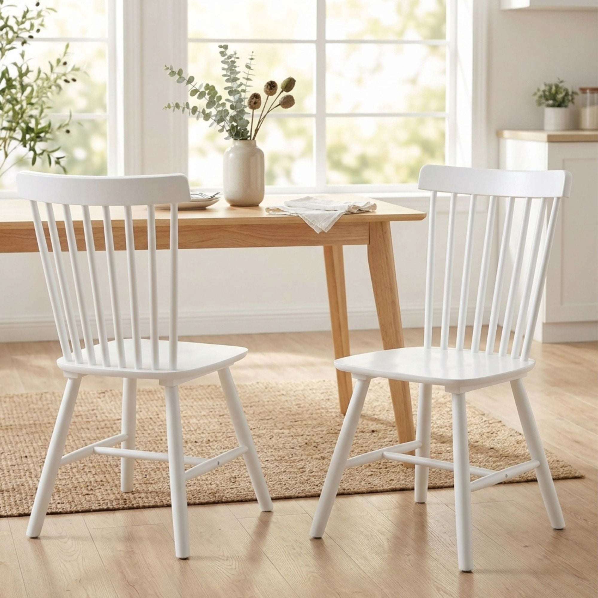 Dayalane Farmhouse Windsor Dining Chairs Set of 2, Solid Wood Spindle Back Dining Side Chairs, Mid-Century French Country Oak Kitchen Chairs for Dining Room Living Room Kitchen Restaurant, White