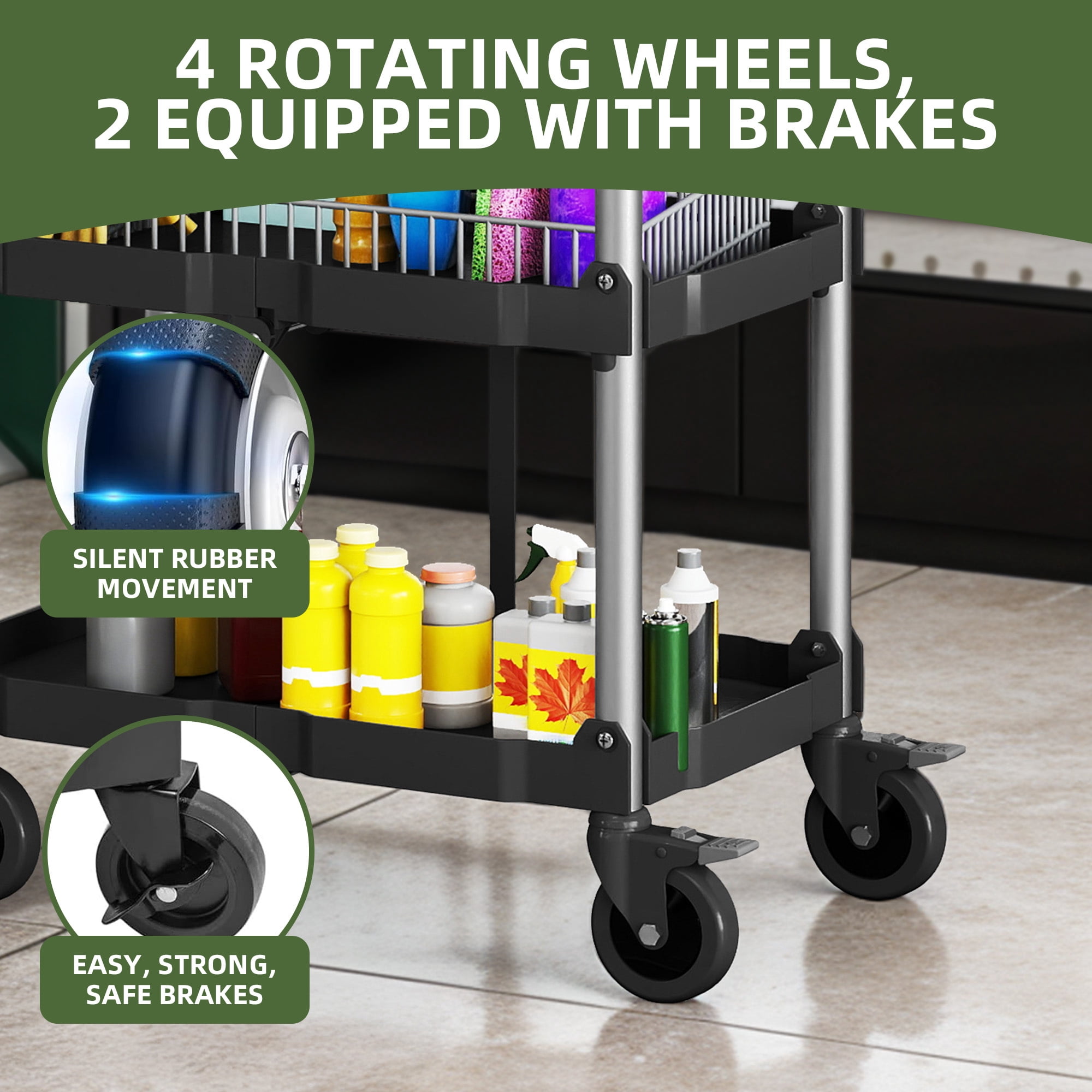 Uforic 3-Tier Heavy Duty Folding Service Cart, 240Lbs Capacity, Black Plastic with Aluminum Tubes, 58.5×39×83CM