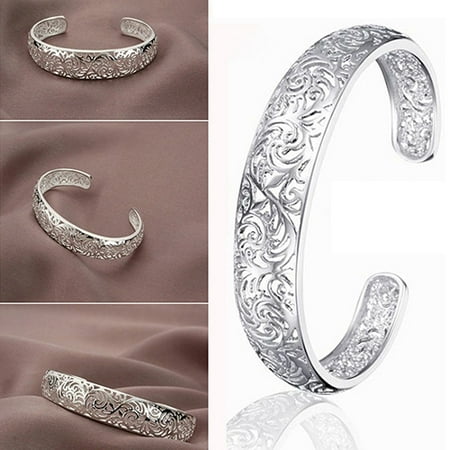 Childs Sterling Silver Cuff Bracelet - ZeAofa Women's 925 Sterling Silver Bezel Hollow Cuff Bangle Open Bracelet