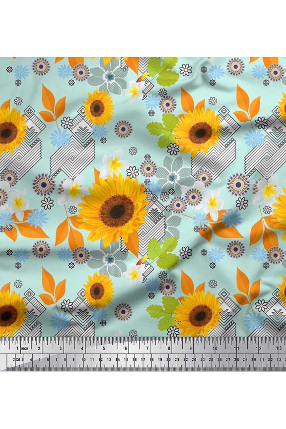 Japan Crepe Satin Fabric Leaves & Sunflower Floral Print Fabric by The Yard 42 Inch Wide