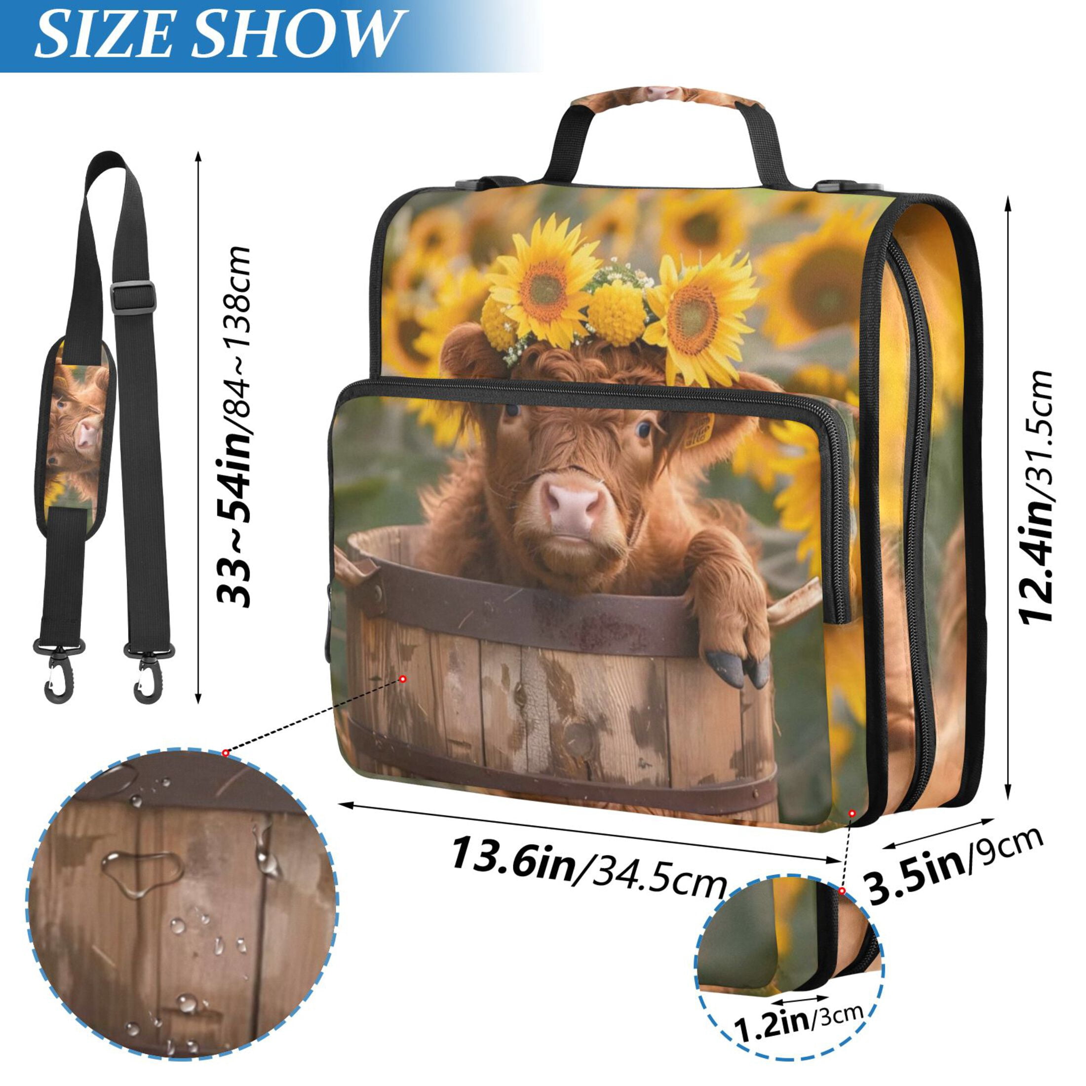 Zipper Binder Sunflower Cute Highland Cow 1.5 Inch Binder Folder Bag with Shoulder Strap and Handle