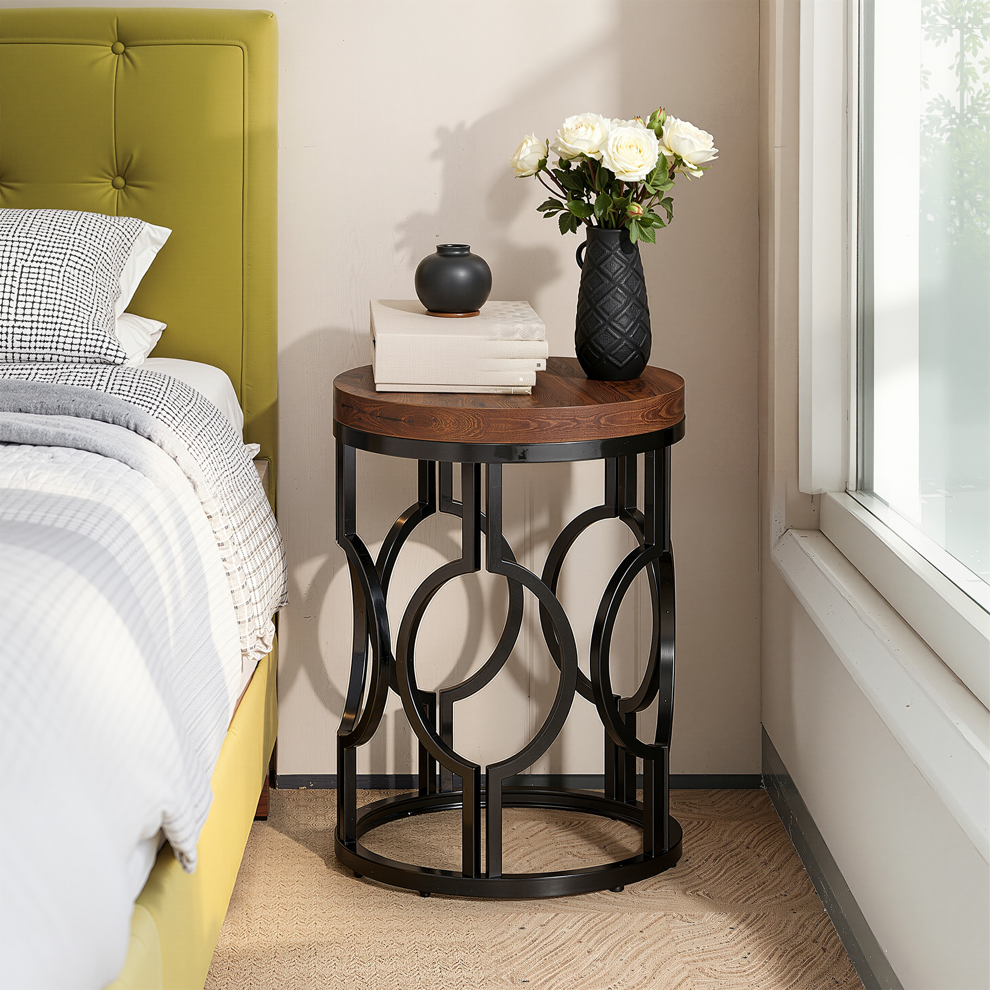 MAYEERTY Industrial Round Side Table, Hollow Metal Frame End Table with MDF Tabletop, Space-Saving Design for Home Decor