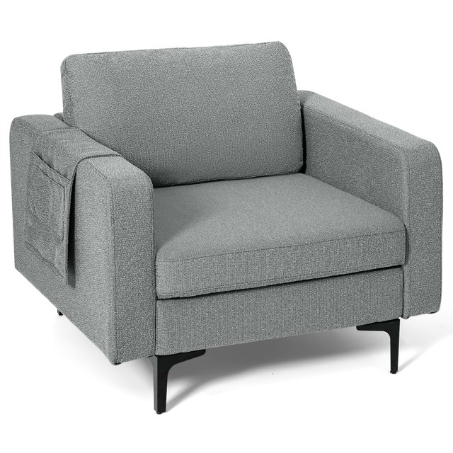 Costway Fauteuil Moderne en Tissu de Lin avec Poche de Rangement Latérale Gris Foncé