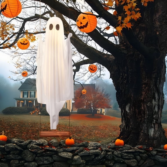 BESTSKY 5FT Large Hanging Ghost Swing-Halloween Decorations Outdoor With LED Lights,Realistic Floating Ghost On Swing For Front Yard,Garden,Porch,And Scary Party Decor