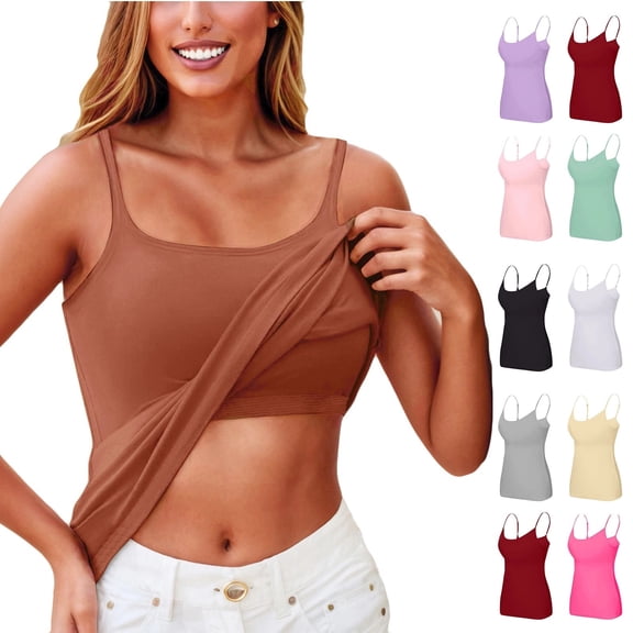 Tank Top for Women with Built in Bra, Padded Adjustable Spaghetti Strap Camisoles for Layering, Scoop Neck Fitted Undershirts , #05 Brown S
