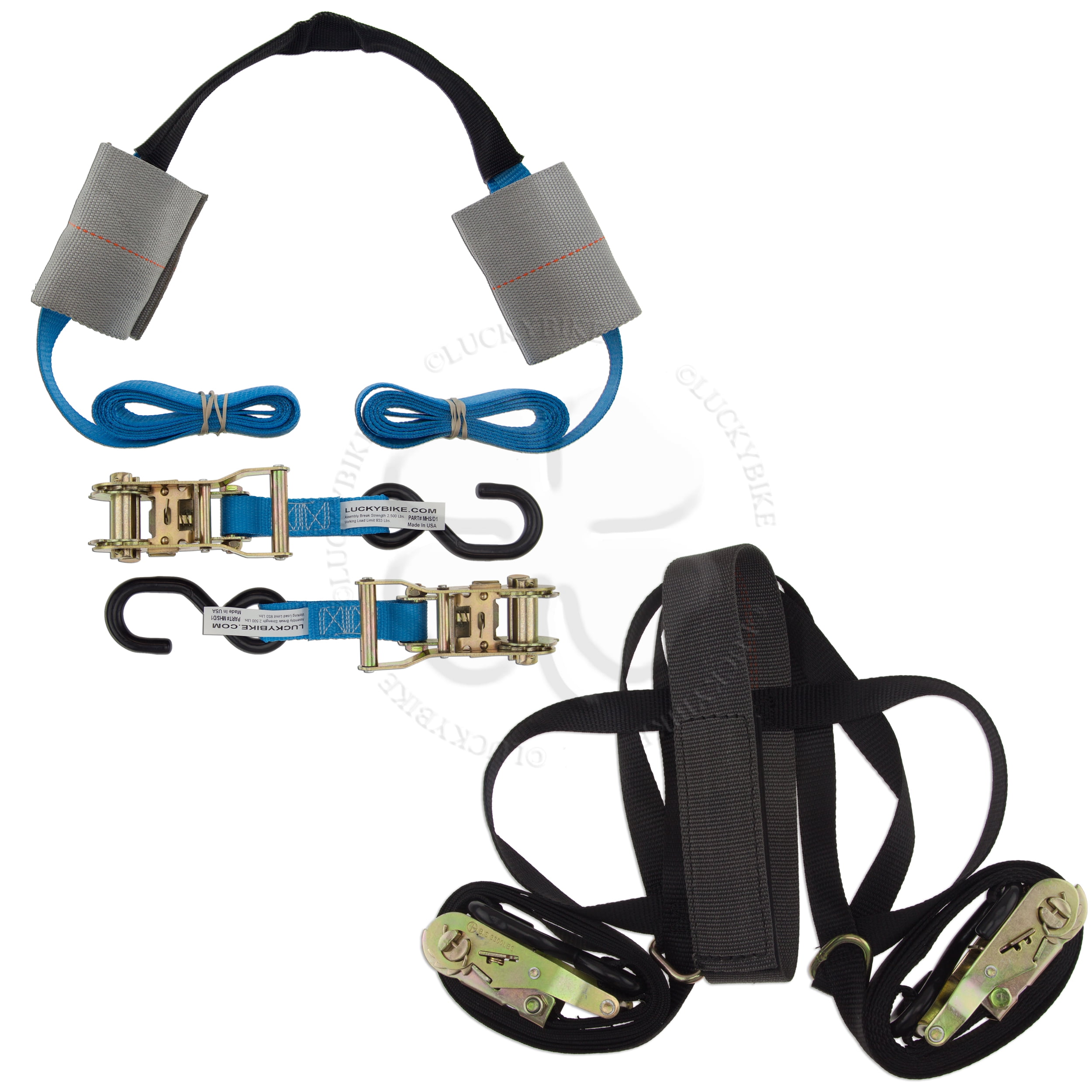 Blue/Black Motorcycle Handlebar & Tire Tie Down Straps Harnesses