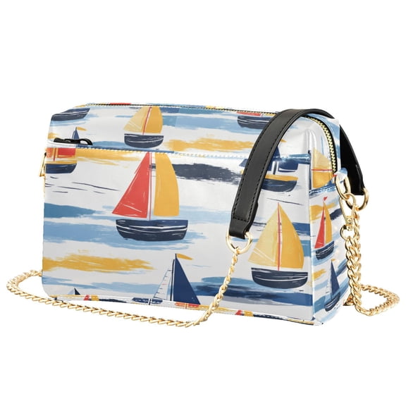 FORMRS Women Crossbody Purse with Chain Strap Vegan Leather Shoulder Handbag, Orange Hand Drawn Sailboats