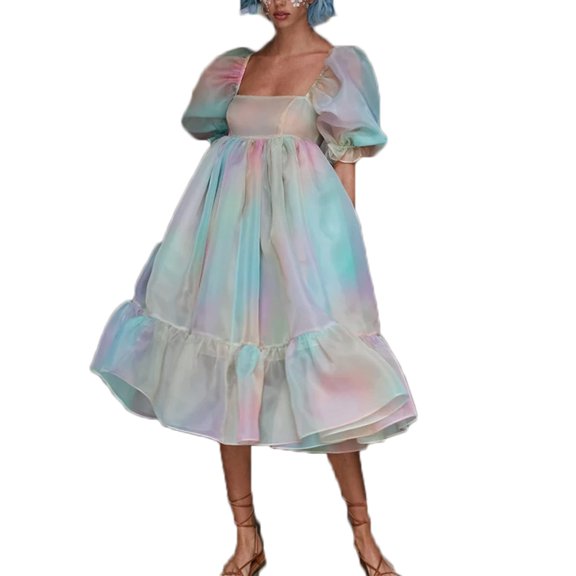Inevnen Puff Sleeve Dress for Women Vintage Graduation Party Midi Prom Dresses Flare Tutu Tulle