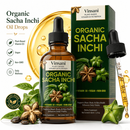 2 fl oz Organic Sacha Inchi Oil Drops - Plant-Based Vegan Vitamin D3 Dietary Supplement, Non-GMO for Daily Heart, Brain & Skin Wellness
