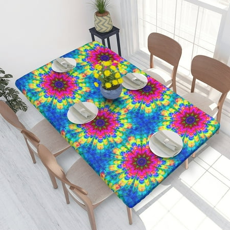 

Home Deluxe Tablecloth Mandala Flower Tie Dye Waterproof Elastic Rim Edged Table Cover- For Christmas Parties And Picnics 4ft