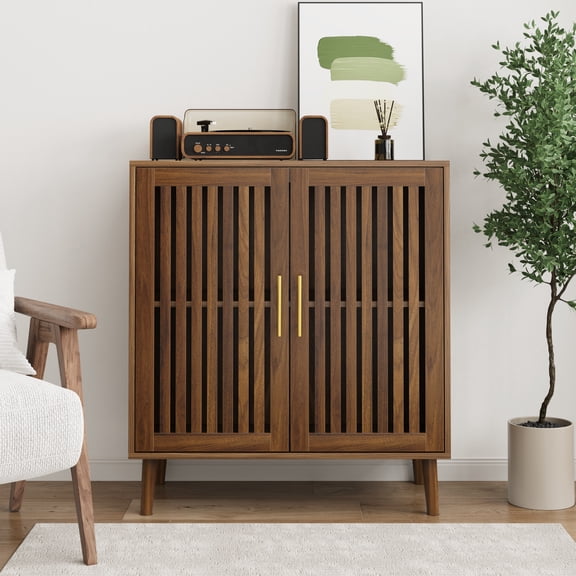 CasaGlow 31.5" Walnut Sideboard Buffet Cabinet, Farmhouse Storage with Louvered Doors & Adjustable Shelves, Wood Coffee Bar Cabinet for Kitchen, Dining Room, Living Room, Entryway