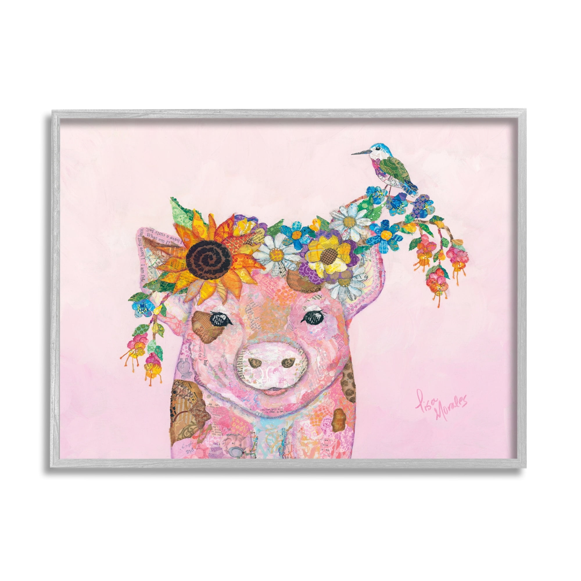 Stupell Industries Floral Pink Little Piggy & Bird Animal Collage Painting Gray Framed Art Print Wall Art, Design by Lisa Morales