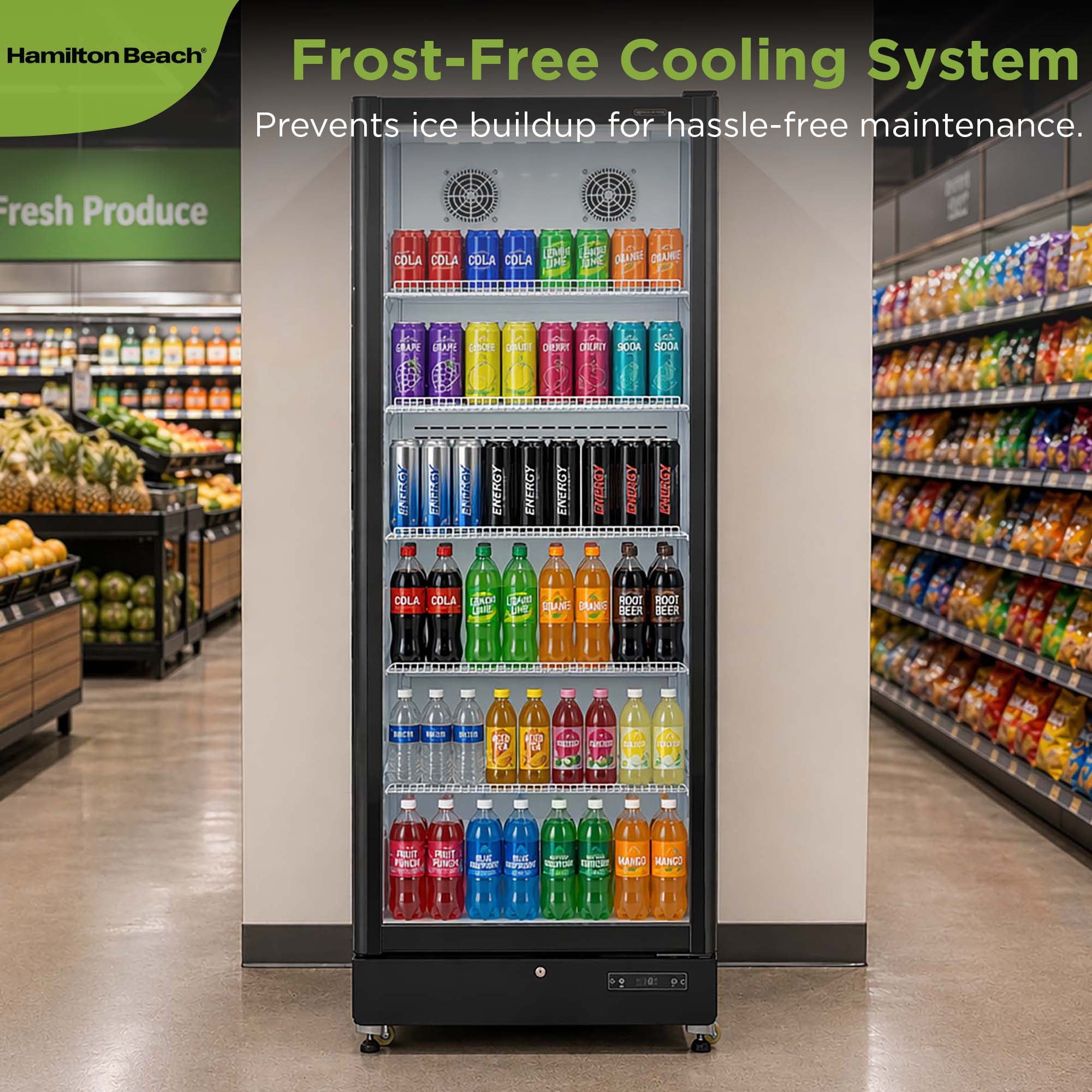 Hamilton Beach 17 cu. ft. Commercial Glass Door Display Fridge, Frost-Free Beverage Refrigerator with LED Lighting, Adjustable Shelves, Digital Temperature Control