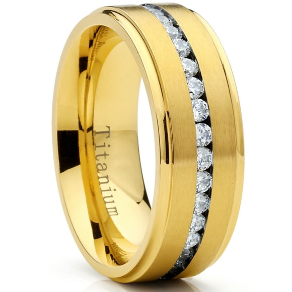 GoldTone Titanium Men's Eternity Wedding Band Ring with Cubic Zirconia CZ, Comfort Fit 8mm SZ 8