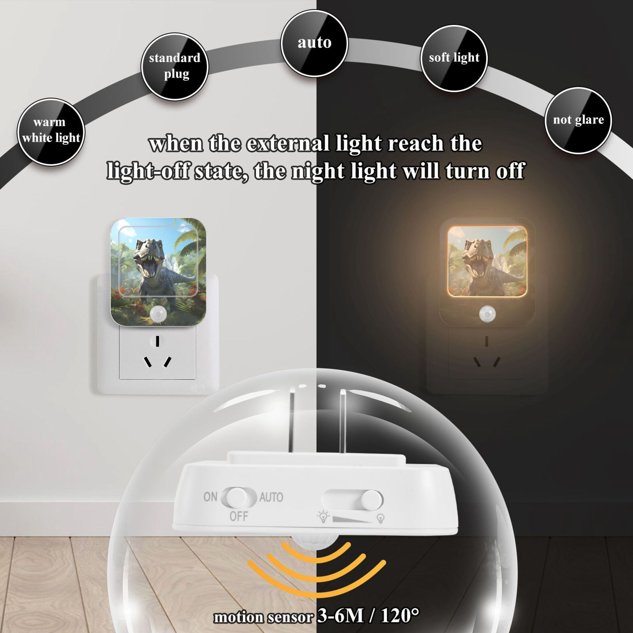 Dinosaur Trees Forest Sky Leaves Night Lights Plug into Wall LED with Auto Light Sensor Warm Light for Kids Hallway Bedroom Living Room Kitchen Bathroom Set of 2