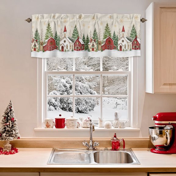 Kitchen Valances for Window, Winter Snowflake Village Scene Light Filtering Rod Pocket Valance Curtain, Christmas Tree Retro Linen  Short Curtains Window Topper for Bedroom 42x12in