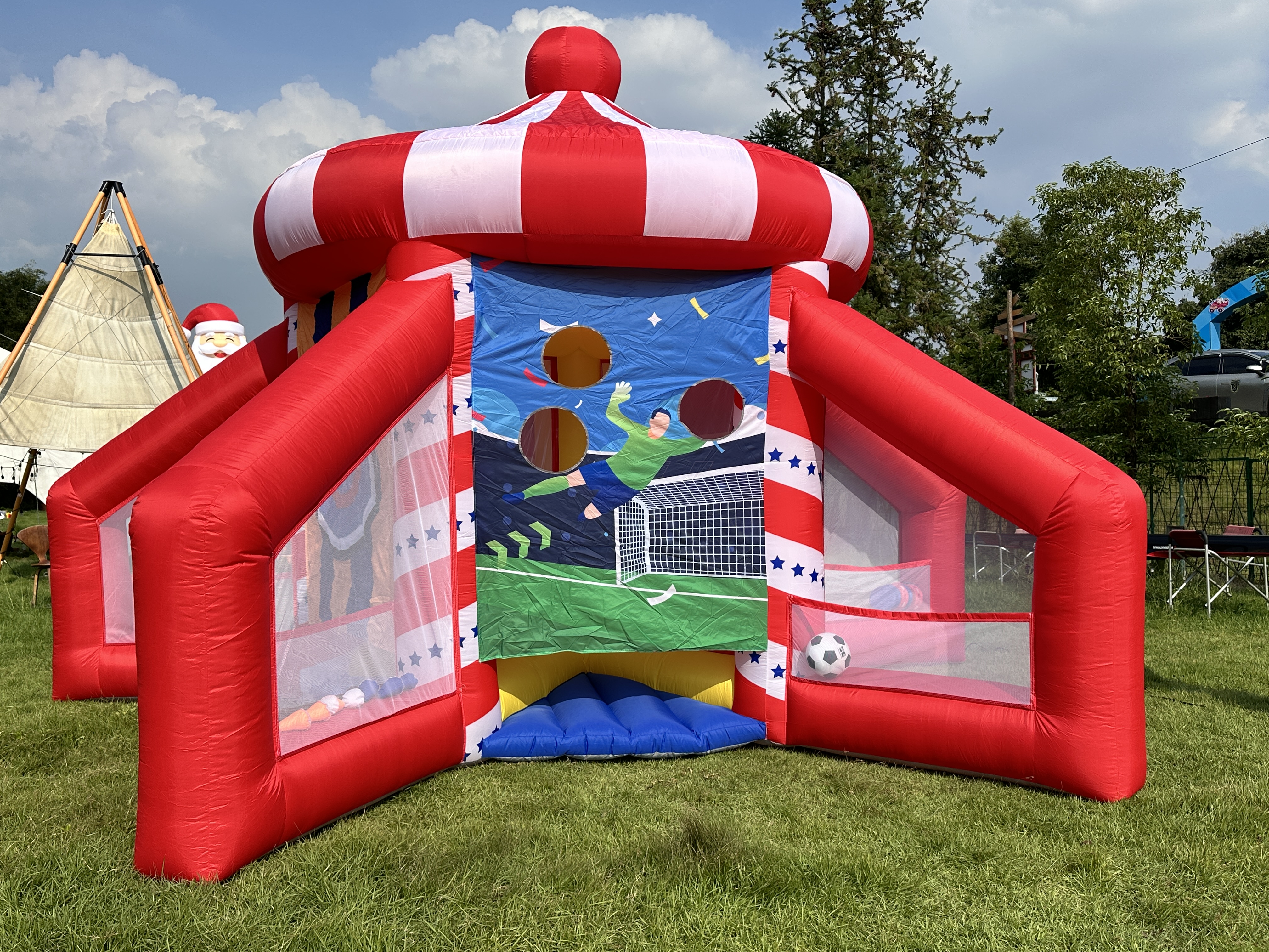 5-in-1 Inflatable Carnival Game House with Basketball Hoop, Soccer Goal, Target Toss & Dart Board for Kids Parties