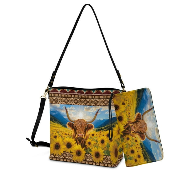 ZUXONGSY Daisy Flower Highland Cow Print Leather Bucket Crossbody Bags for Women 2 PCS Bucket Tote Bag with Wallet Set Large Bucket Bag Purse with Adjustable Strap for Shopping Travel