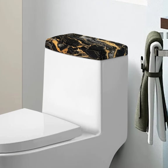 Renewold Marble Printed Toilet Tank Lid Cover Splash and Stain Resistant Toilet Tank Protector Cover Stretchable Suitable for Bathroom, Black and Gold