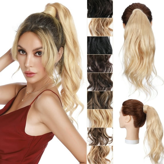 My-Lady 100% Remy Human Ponytail Hair Extension Wrap Around Real Curly Wavy Human Hair Hairpieces 18inch #18P613 Ash Blonde & Bleach Blonde