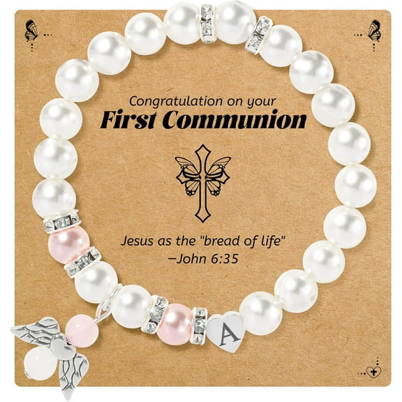 Girl's First Communion Gift, Angel Wings Heart Letter Pearl Bracelet, Catholic Daughter's First Communion Gift, Teenage Girl's First Communion Gift