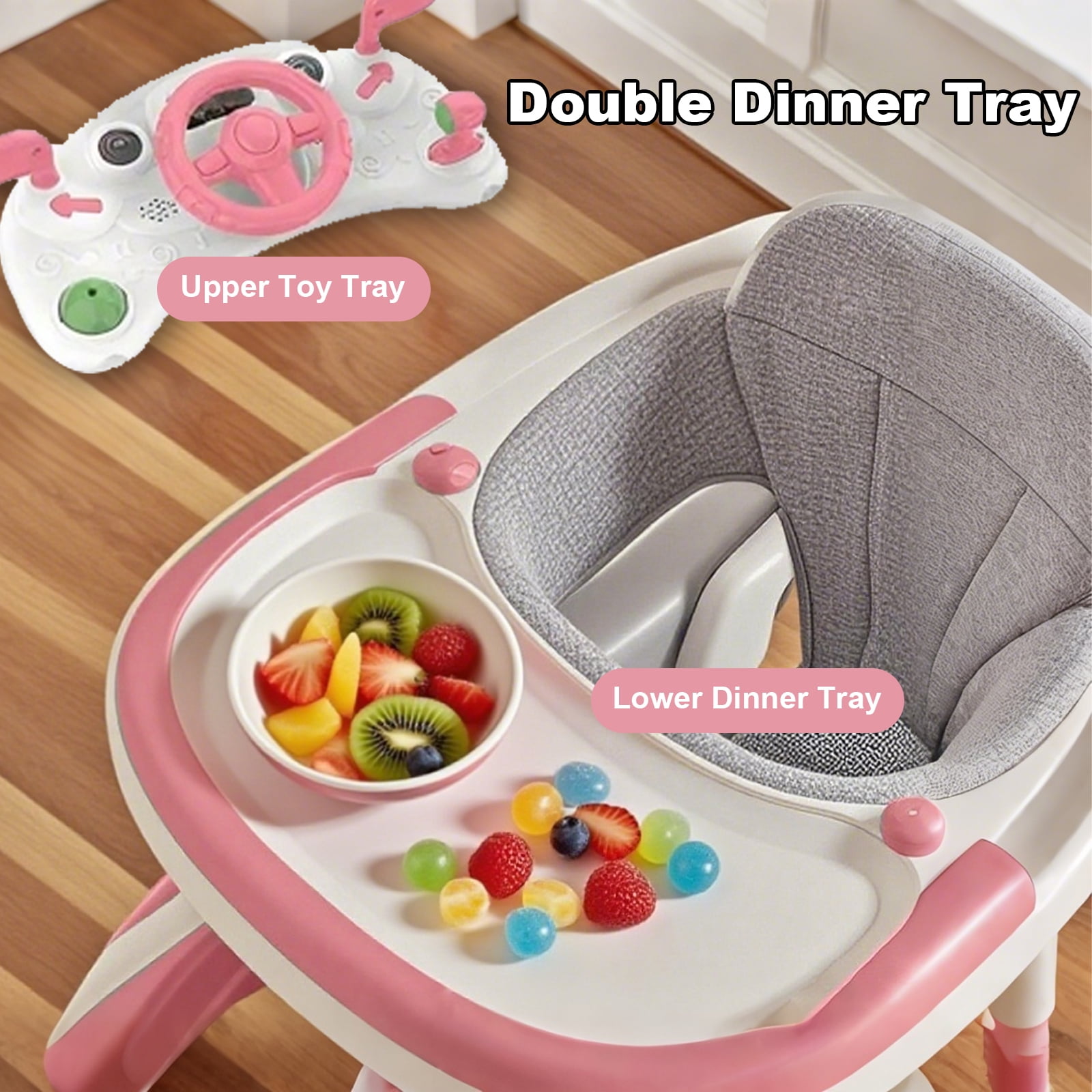 YUCHANG 4 in 1 Baby Walker with Wheels,Push Walker With Music Activity,Foldable and Height Adjustable,Pink