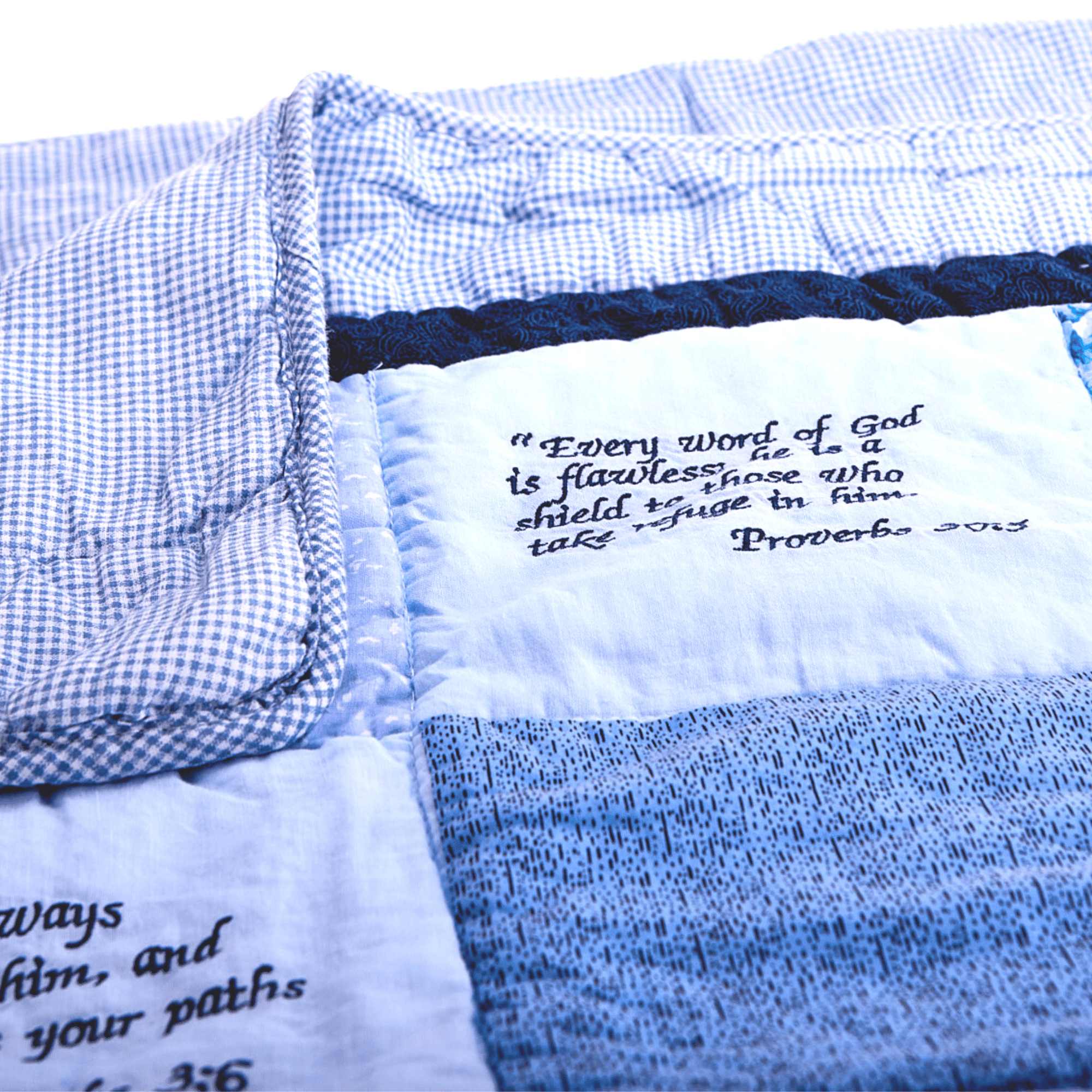 Embroidered Scripture Baby Quilt, Blue