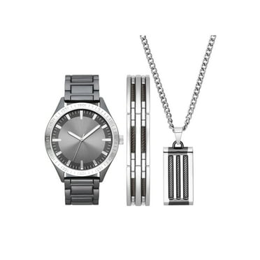 Folio Men's Watch Gift Set; Matte Black Bracelet Watch, Gunmetal Tone ...