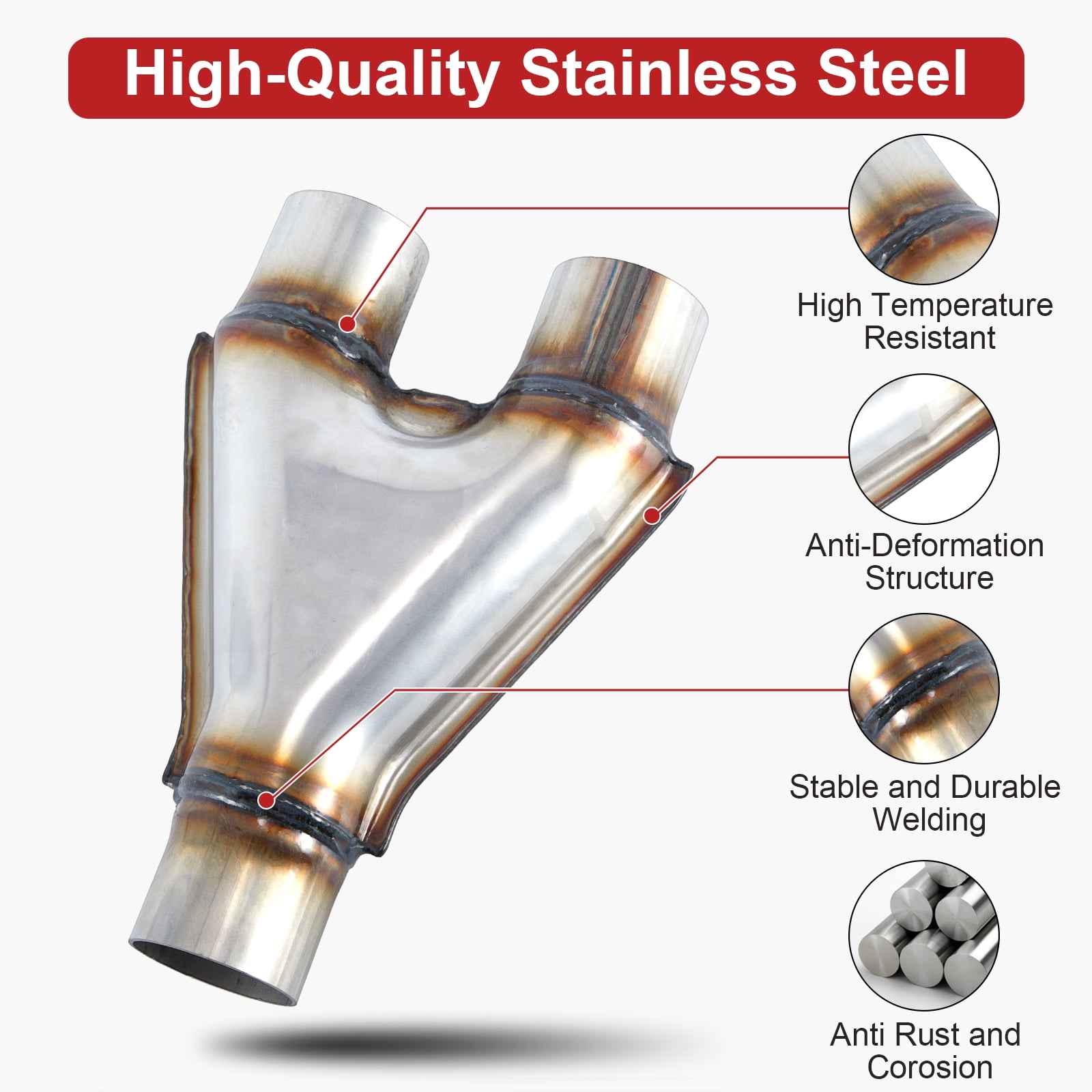 Universal Exhaust Y Pipe, 2.5" Inlet 2.5" Outlet, 10" Total Length, Stainless Steel Weld-On Exhaust Pipe Adapter/Crossover Tube, Fits Most Vehicles