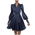 thumbnail image 1 of Pompotops Mode Femmes Manches Longues V-Cou Solide Robe Formelle Volants Parti Drees, 1 of 6