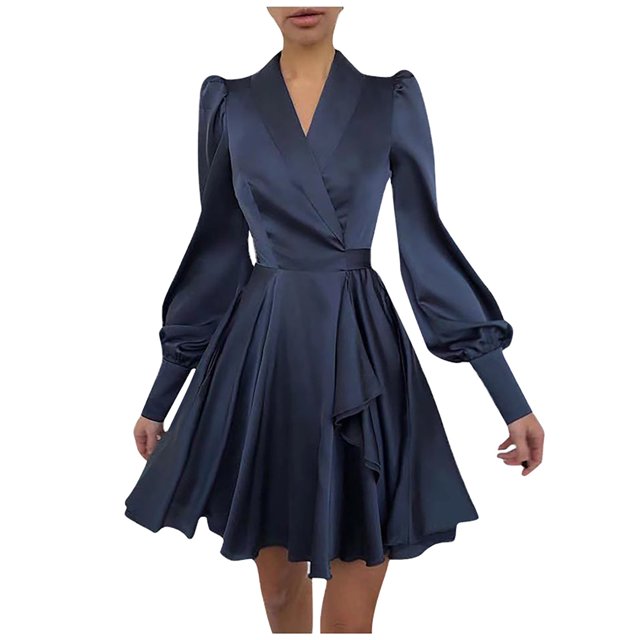 Pompotops Mode Femmes Manches Longues V-Cou Solide Robe Formelle Volants Parti Drees