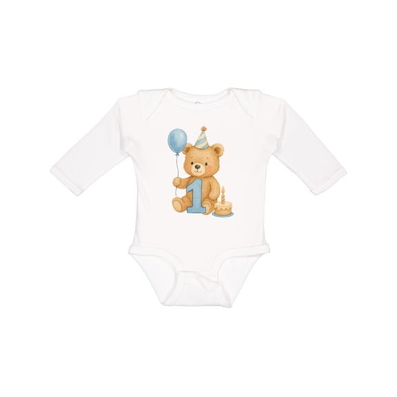 Inktastic First Birthday Cute Teddy Bear with Balloon Boys or Girls Long Sleeve Baby Bodysuit
