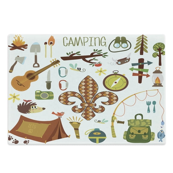 Camping Cutting Board, Cartoon Items Composition with Fleur de Lis Guitar Bonfire Trees Backpack Tent, Decorative Tempered Glass Cutting and Serving Board, in 3 Sizes, by Ambesonne