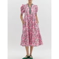 thumbnail image 4 of Women's Floral Print Puff Sleeve V Neck Tiered Midi Dress Casual Vacation Sundress Rose Pink S, 4 of 10