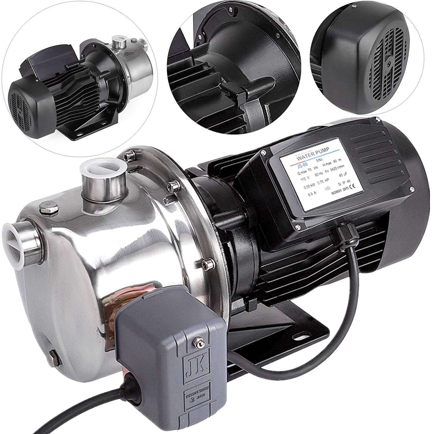 Stainless Steel 115/230V Shallow Well Jet Pump w/Pressure Switch 3/4HP 14GPM 