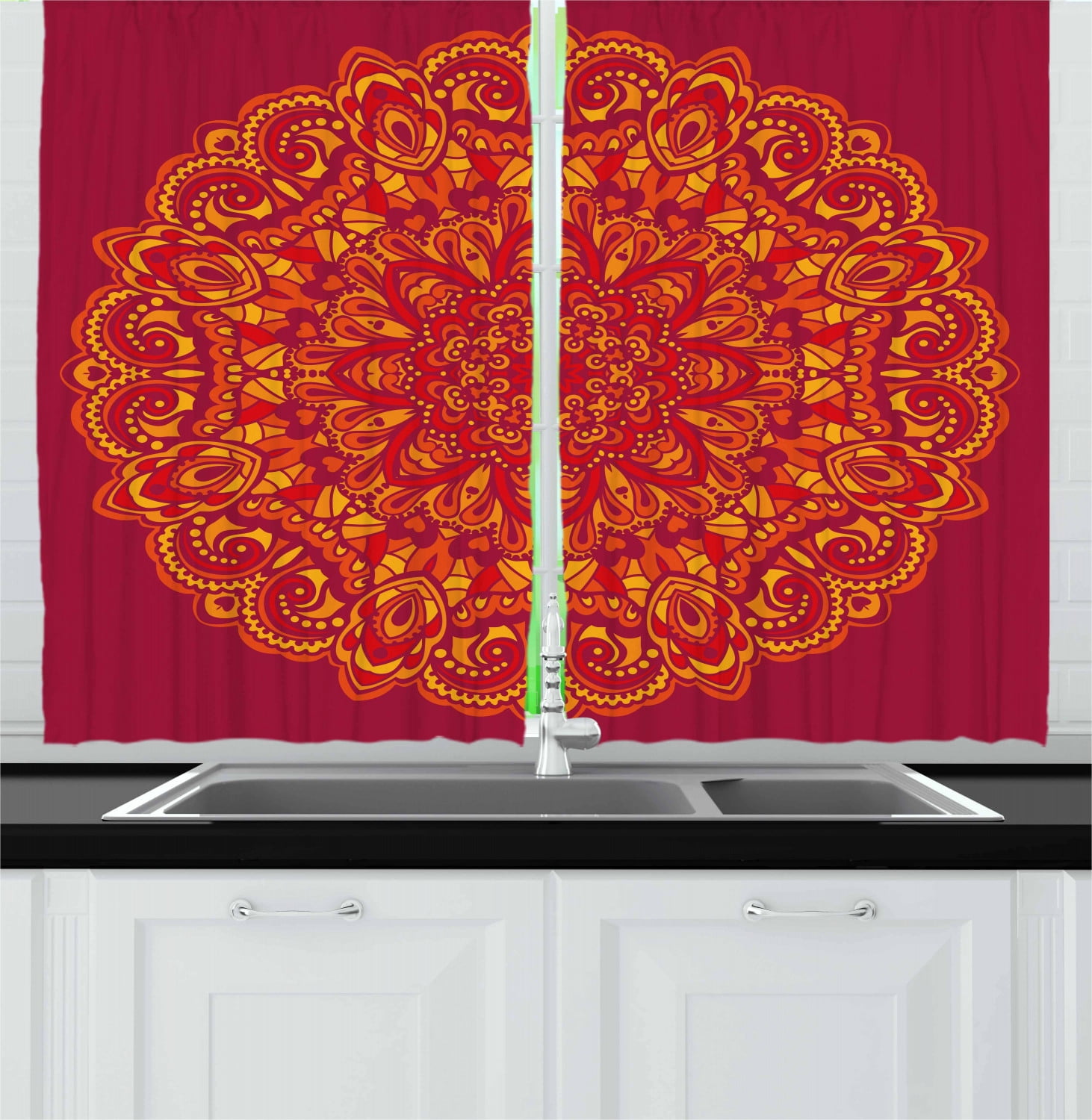 Red Mandala Curtains 2 Panels Set, Psychedelic Vibrant Colored Mandala Historical Ancient Art Elements Circle, Window Drapes for Living Room Bedroom, 55W X 39L Inches, Red Ruby Yellow, by Ambesonne