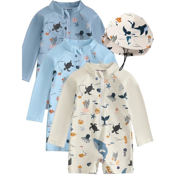 ATAIKU Baby Boys Swimsuit Marine Animals Toddler One Piece Zipper Bathing Suit Long Sleeve Rash Guard Swimwear Sunsuit with Sun Hat