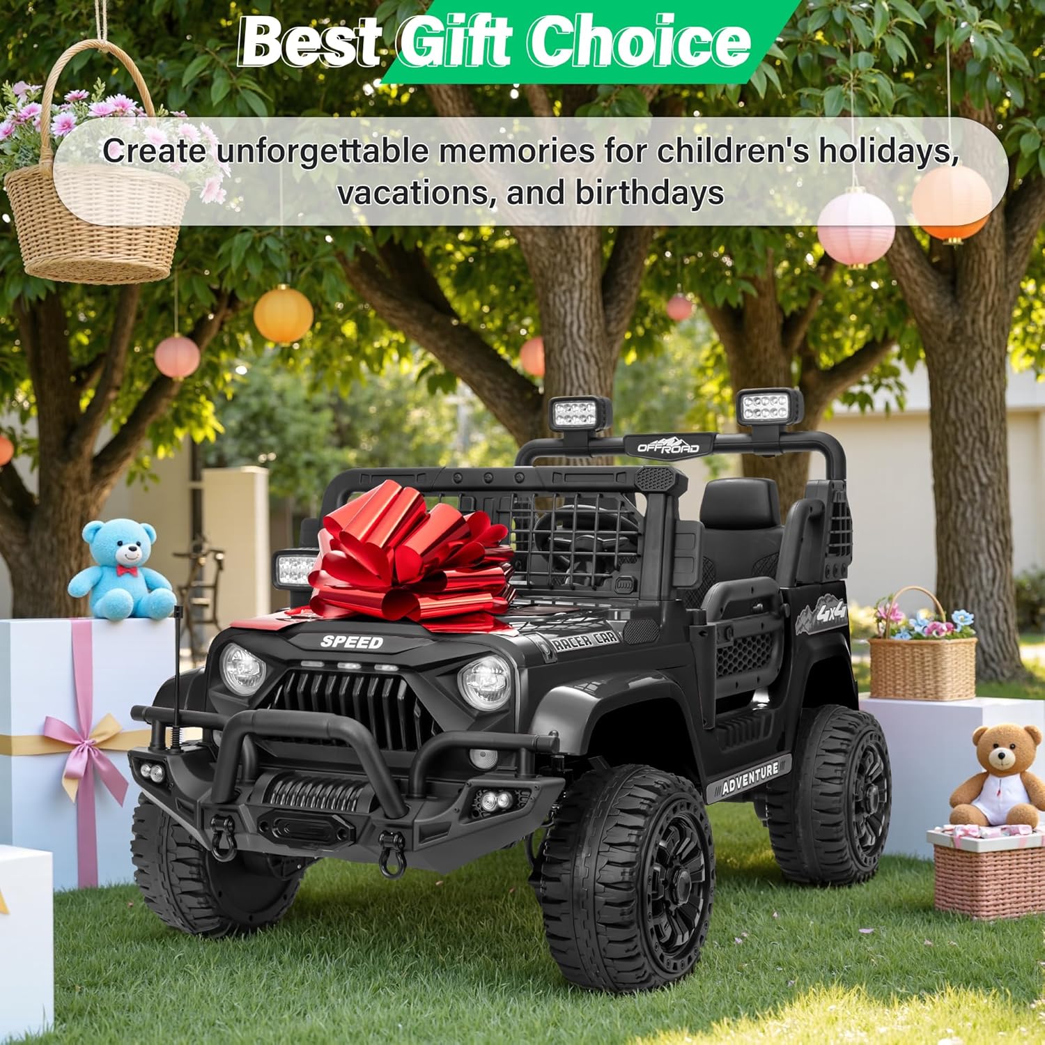 HappyToysWorld Kids Ride On Car 24V with Parent Remote Control, 2-Seater Electric Toy Truck for Big Boys & Girls, 4 Shock Absorbers, 3 Speed Modes, 24 Volt Battery Powered Vehicle